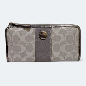 Coach Silver Grey Signature Canvas Accordion Zip Wallet with Metallic Trim